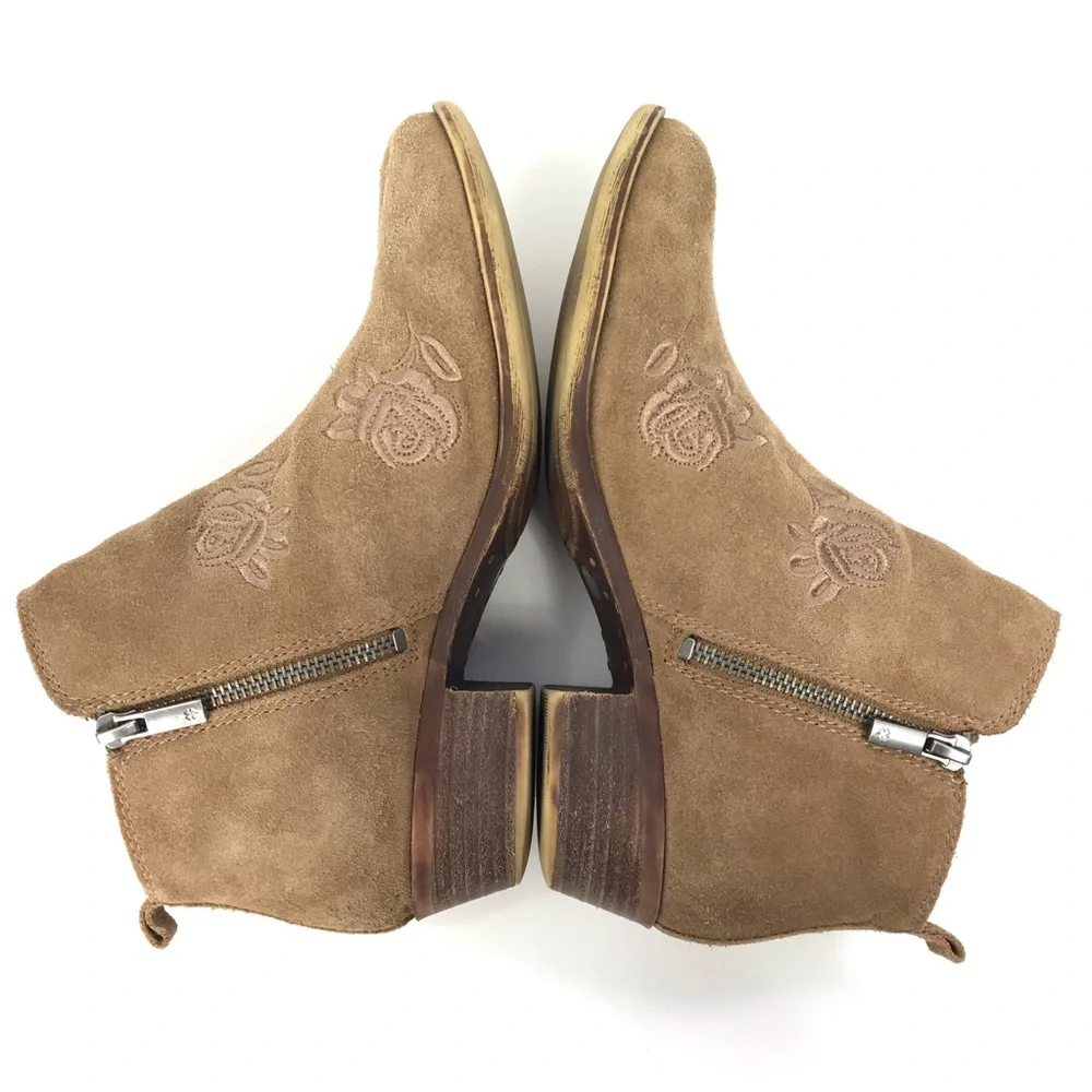 Lucky Brand Rose Embroidered Suede Tan Ankle‎ Boot